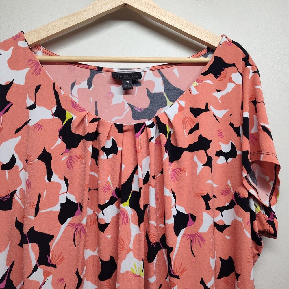 Worthington Blouse Top Women Size 3X Pink Floral Short Sleeve Modest Feminine - Picture 2 of 8